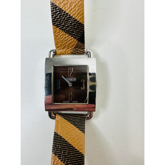 Coach Silver Square Bronze Face Watch Tan Plaid Watchband - Picture 3 of 14